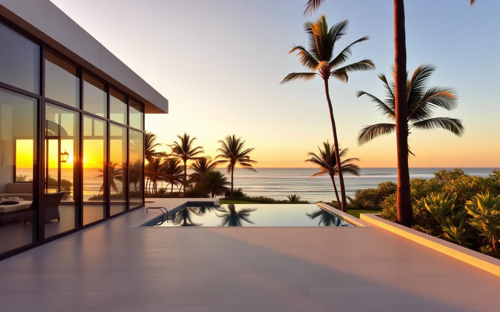 Beachfront modern home at sunset